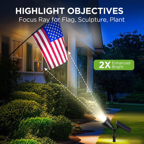 Sun-Powered Outdoor Solar Lights illuminating a flag, showcasing 2x brightness, highlighting garden and pathway at night.