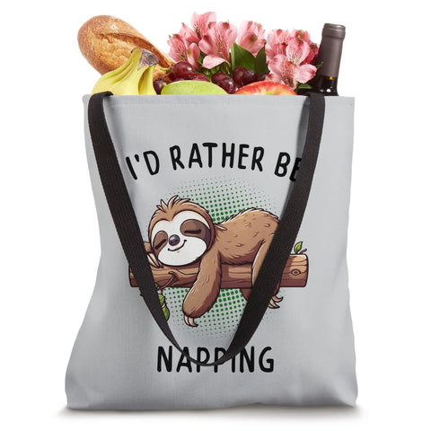 Sloth Themed I'd Rather Be Napping Canvas Tote Bag For Lazy Days And Nap Lovers filled with groceries