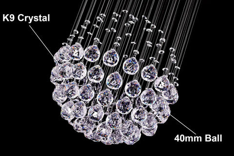 Totally Modern Fandelier Crystal Chandelier With White Finish And K9 Crystal Balls, detailed view of crystal spheres.