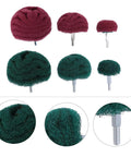 6 Piece Polishing Buffing Wheel Set With Easy Grip Handle For Wood And Metal, shown with red and green scouring pad sanding heads