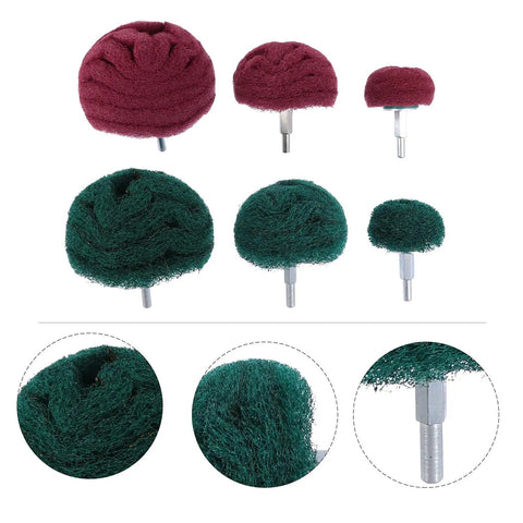 6 Piece Polishing Buffing Wheel Set With Easy Grip Handle For Wood And Metal, shown with red and green scouring pad sanding heads