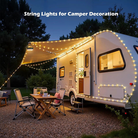 Solar Camping String Lights 33ft 100 LED With 9 Modes USB C Rechargeable on camper awning at night in garden setting