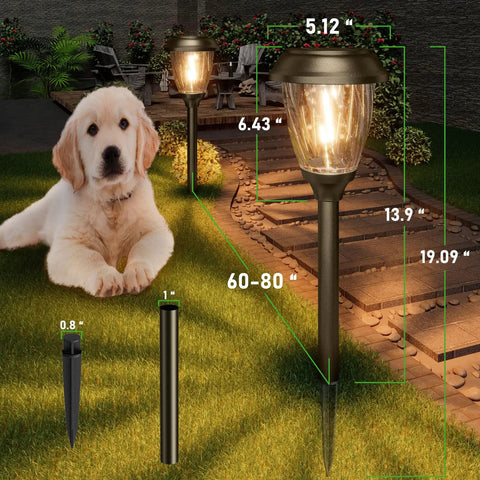 Solar Pathway Lights Outdoor Warm White 10 Or 25 Lumens Glass Solar Lights illuminating a garden path with a dog nearby