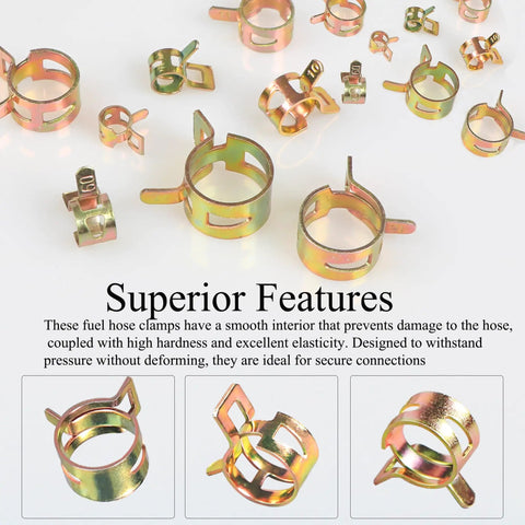 160Pcs Spring Band Hose Clamps Kit showing various sizes. Includes 8 sizes 6mm-17mm, ideal for auto repair and vacuum hoses.