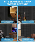 High Density Acoustic Foam Corner Bass Traps For Music Studios Podcast Recording Home Cinema Audio Treatment in diverse room settings.