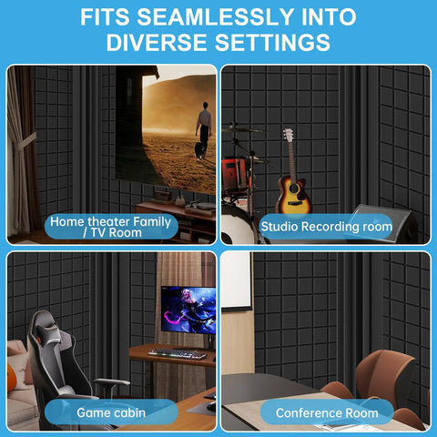 High Density Acoustic Foam Corner Bass Traps For Music Studios Podcast Recording Home Cinema Audio Treatment in diverse room settings.