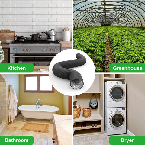 Flexible 4 Inch Aluminum Ducting 8 Feet Long With Four Layer Protection Dryer Vent Hose shown in kitchen, greenhouse, bathroom, dryer