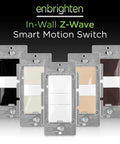 In-wall Z-Wave smart motion switch with white and almond faceplates, includes multiple color options.
