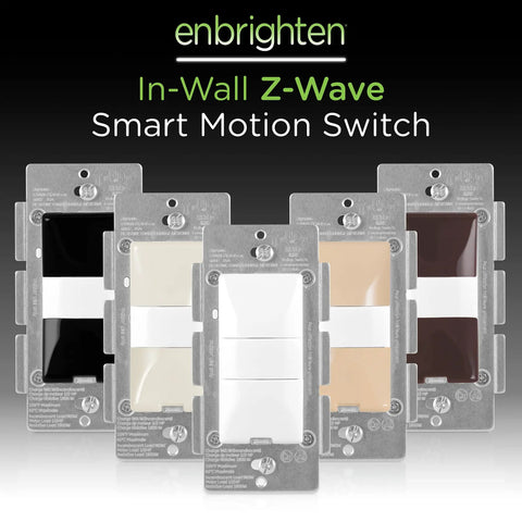 In-wall Z-Wave smart motion switch with white and almond faceplates, includes multiple color options.
