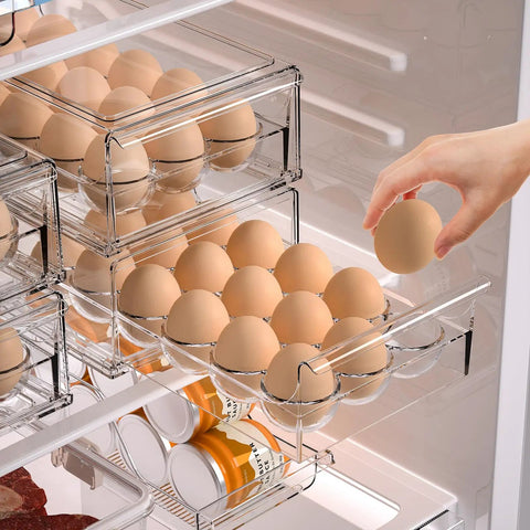 Clear BPA Free Refrigerator Organizer Bins With 18 Egg Tray Stackable Holder for fridge storage, hand reaching for egg