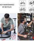 Two men repairing bikes using pro grade bike repair stand for road and mountain bikes with four leg stability and quick release tool tray.