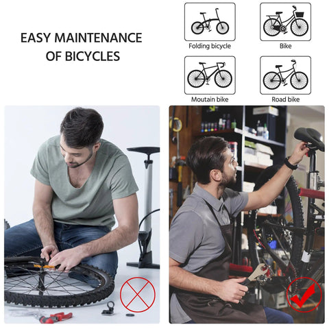 Two men repairing bikes using pro grade bike repair stand for road and mountain bikes with four leg stability and quick release tool tray.
