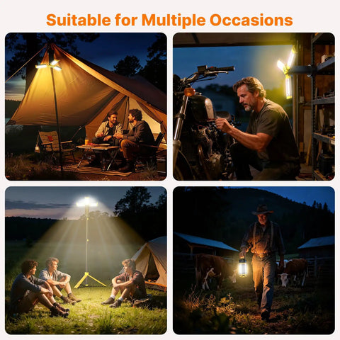 Collage of Remote Camping Light With 18000mAh Rechargeable Battery Power Bank, Detachable Tripod in various settings