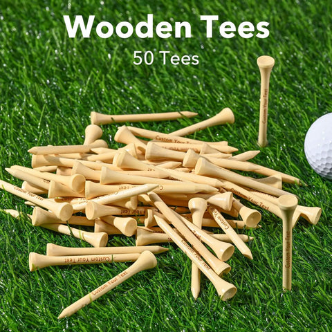 Custom Golf Tees Bulk Pack With Your Name Or Logo In A Pouch, Two And Three Quarters Inch Hardwood Tees On Grass