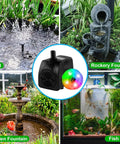 Submersible Fountain Pump 15W 800L/H With LED Lights for ponds, rockery fountains, gardens, and aquariums, shown in use.
