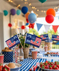 Festive table with 250th Anniversary USA Flags On Sticks 5X8 Inch Mini Handheld Flags 12 Pack Patriotic Flags For 1776 To 2026 Independence Day