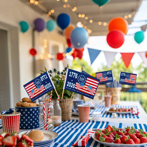Festive table with 250th Anniversary USA Flags On Sticks 5X8 Inch Mini Handheld Flags 12 Pack Patriotic Flags For 1776 To 2026 Independence Day