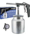 Shop Grade Pneumatic Undercoating Spray Gun With Dead On Air Regulator And Bulk 25 Oz Suction Cup beside gauge, aluminum body, used for rust proofing.