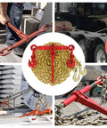 Collage showcasing the Beefed Up Ratchet Tie Down Kit 1/4 To 5/16 Inch Chain With 12ft Chains And Grappling Hook Two Set in use