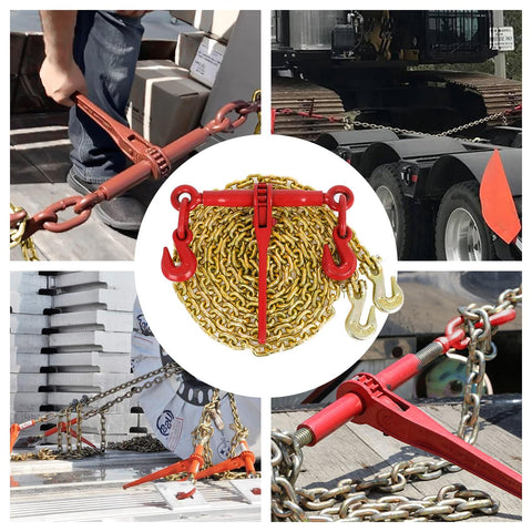 Collage showcasing the Beefed Up Ratchet Tie Down Kit 1/4 To 5/16 Inch Chain With 12ft Chains And Grappling Hook Two Set in use