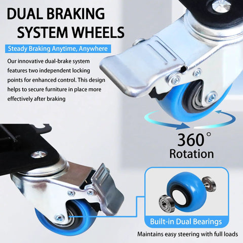 Dual braking system wheels with 360° rotation for Heavy Duty Carbon Steel Furniture Dolly With 3000 Lb Capacity, ensuring secure movement.
