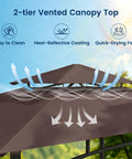 Top view of 8x5 Grill Gazebo All Weather Outdoor BBQ Canopy With Steel Frame Two Shelves And Utensil Organizer Bottle Opener Rustproof Patio Shelter For Backyard Grilling Year Round featuring 2-tier vented canopy top with venting design.