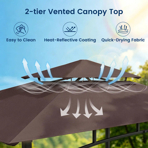 Top view of 8x5 Grill Gazebo All Weather Outdoor BBQ Canopy With Steel Frame Two Shelves And Utensil Organizer Bottle Opener Rustproof Patio Shelter For Backyard Grilling Year Round featuring 2-tier vented canopy top with venting design.