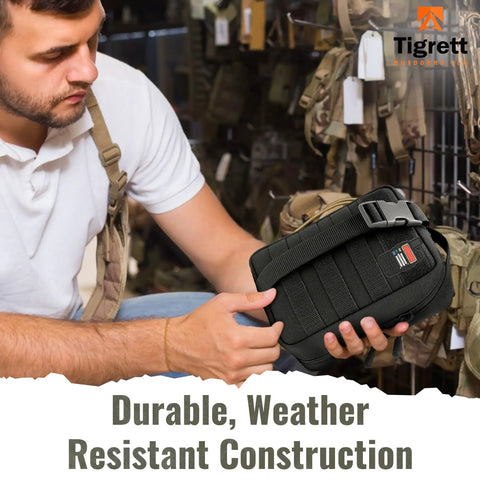 Man holding Go Bag For Ham Radio With Tear Away Hook And Loop Back MOLLE Compatible Multi Pocket Gear Carrier