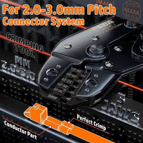 Close-up of ratcheting Micro-Fit 3.0 crimping tool highlighting conductor system and 5 jaws for 2.0-3.0mm pitch connectors.