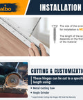 Installation guide showing installation of 36 Inch Silver Heavy Duty Piano Hinge Continuous Stainless Steel 304 with screws and tools.