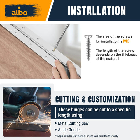 Installation guide showing installation of 36 Inch Silver Heavy Duty Piano Hinge Continuous Stainless Steel 304 with screws and tools.