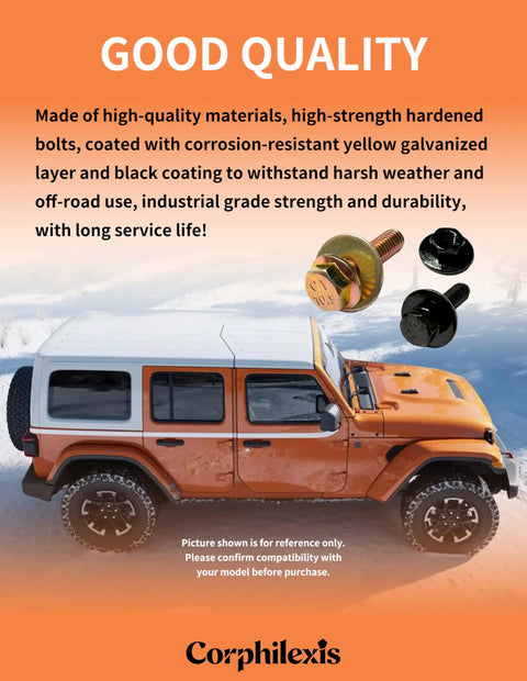 Heavy-Duty Side Step Bolts Kit For Jeep Wrangler JK JL 4-Door 2007-2025 Bolt-On Hardware With Nuts And Washers For Off-Road Upgrades Includes Rotatable Washer Nuts And All Required Fasteners, yellow and black bolts on Jeep