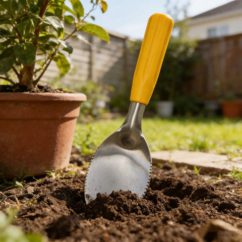 Nine Inch Serrated Edge Weeding Trowel With Stainless Steel Blade And Comfy Grip Handle digging soil in a garden bed