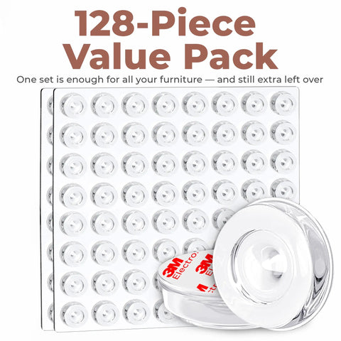 Clear Self Adhesive Cabinet Door Bumpers 128 Pack Heavy Duty Rubber Pads on sheets, ideal for kitchen and furniture protection.