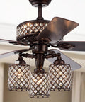 HomeStock Pristil 52-Inch Rustic Bronze Ceiling Fan with Crystal Grid Shades and 5 Reversible Wood Blades close-up view.