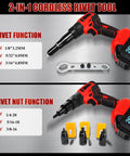 Top Tier Cordless Rivet Gun With Dual 26V Batteries And Fast Charger For Pulling Steel Aluminum Rivets On RV Boats Downspouts And Auto Repairs Automatically Setting Sizes. 2-in-1 cordless rivet and rivet nut tool with size tips and 26V battery