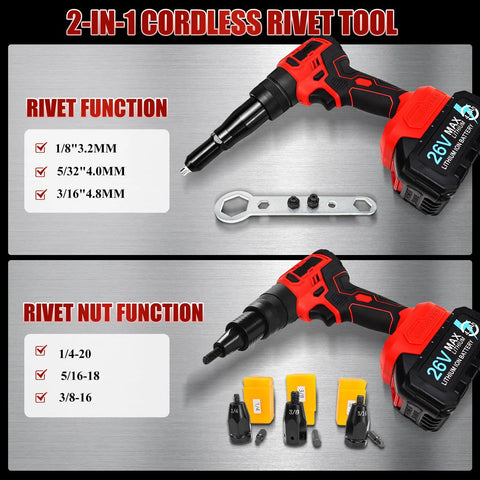 Top Tier Cordless Rivet Gun With Dual 26V Batteries And Fast Charger For Pulling Steel Aluminum Rivets On RV Boats Downspouts And Auto Repairs Automatically Setting Sizes. 2-in-1 cordless rivet and rivet nut tool with size tips and 26V battery