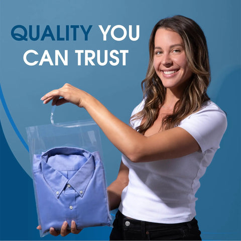 Woman holding 12 By 15 Inch Self Sealing Cellophane Bags 100 Count Crystal Clear Poly Packaging For Clothes in hand.