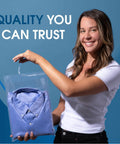 Woman holding 6x9 Inch Self Sealing Cellophane Bag with blue shirt inside, demonstrating resealable feature and crystal-clear design.
