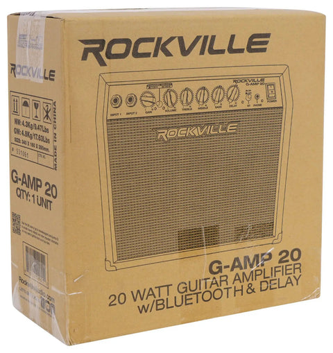 Box of a 20 Watt Guitar Amp Combo With Bluetooth Built In Delay Dual Guitar Inputs Clean And Overdrive Modes Six Point Five Inch Speaker EQ Controls