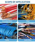 Scope of application showing stranded wire, fiber cables, blue cables in a server, and solid wires for Five Pack Wire Strippers And Cutters With Safety Lock And Spring Loaded Pro Grade Electrician Pliers For 10 To 22 AWG Stranded Wire Easy Grip Anti Slip Handles Handy Essential Tool Kit For Home And Workshop.