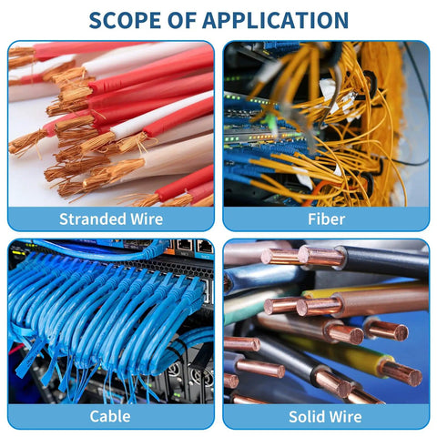 Scope of application showing stranded wire, fiber cables, blue cables in a server, and solid wires for Five Pack Wire Strippers And Cutters With Safety Lock And Spring Loaded Pro Grade Electrician Pliers For 10 To 22 AWG Stranded Wire Easy Grip Anti Slip Handles Handy Essential Tool Kit For Home And Workshop.