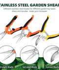 Three Pack Garden Pruning Shears Set With Stainless Steel Blades; includes straight, serrated, and curved blade scissors.