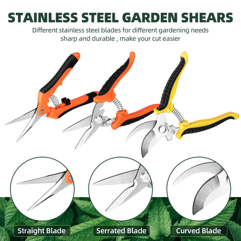 Three Pack Garden Pruning Shears Set With Stainless Steel Blades; includes straight, serrated, and curved blade scissors.