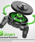 Electric Rotating Base For Laser Level With 50 Meter Wireless Remote Pro Grade Dual Speed Rotation Fast Sweep And Fine 0.088 Degrees Per Second 360 Degree Motorized Turntable Five Eighths Thread With One Quarter Twenty Adapter And Adjustable Tripod Legs, showing green arrows and adjustment details.