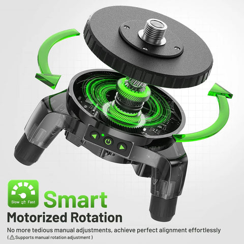 Electric Rotating Base For Laser Level With 50 Meter Wireless Remote Pro Grade Dual Speed Rotation Fast Sweep And Fine 0.088 Degrees Per Second 360 Degree Motorized Turntable Five Eighths Thread With One Quarter Twenty Adapter And Adjustable Tripod Legs, showing green arrows and adjustment details.