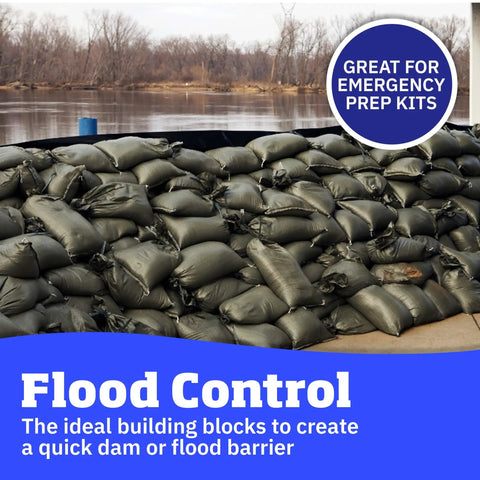 Heavy Duty Sand Bags With Tie Strings For Flood Control, Woven Polypropylene Construction, UV Protected, stacked for flood protection