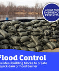 Heavy Duty Sand Bags With Tie Strings For Flood Control And Storm Prep, stacked for quick dam barrier, green 14x26 polypropylene bags