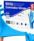 Top Shelf 3 Mil Nitrile Exam Gloves For Healthcare Crew showing hands putting on blue powder-free gloves for medical examination.