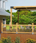 Wooden deck with railing and pergola supported by 2 Pack 4x4 Post Base Adjustable Stainless Steel Anchor For Concrete Decks And Railings